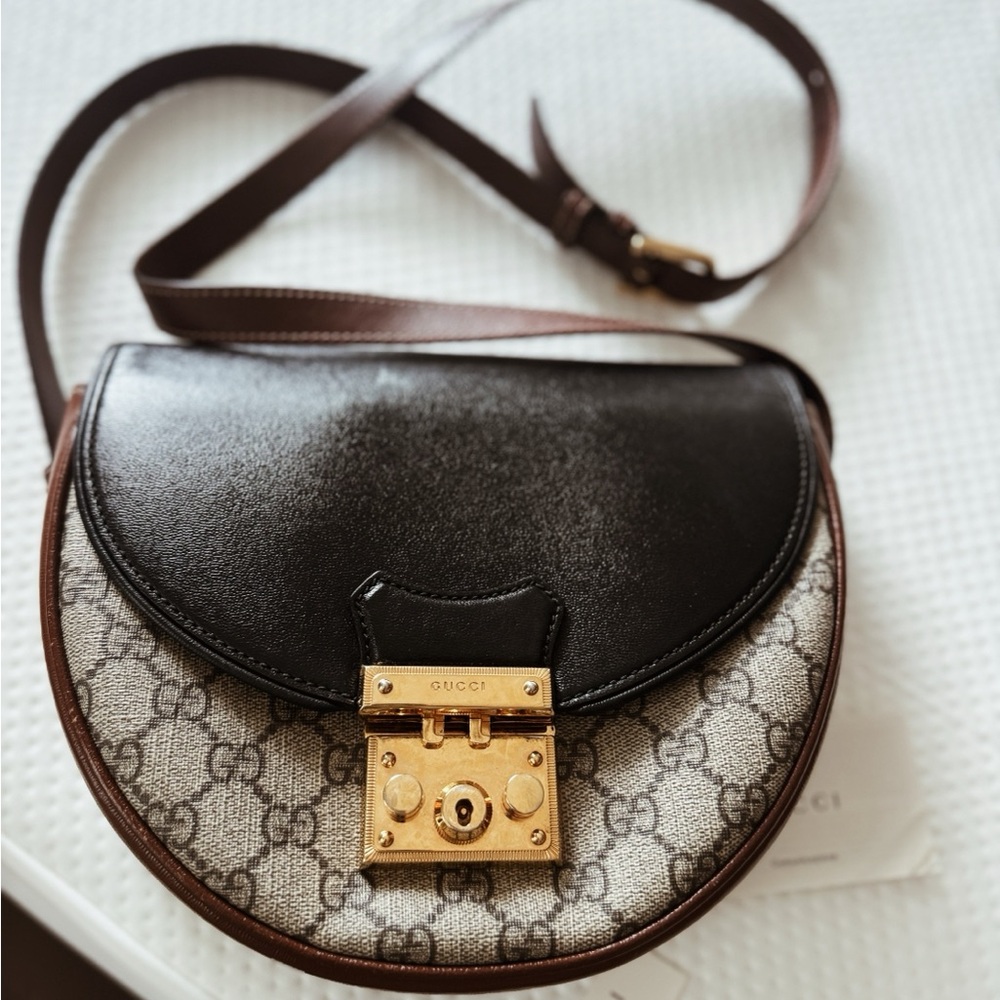 Gucci Black and Tan Crossbody Bag with Gold Lock